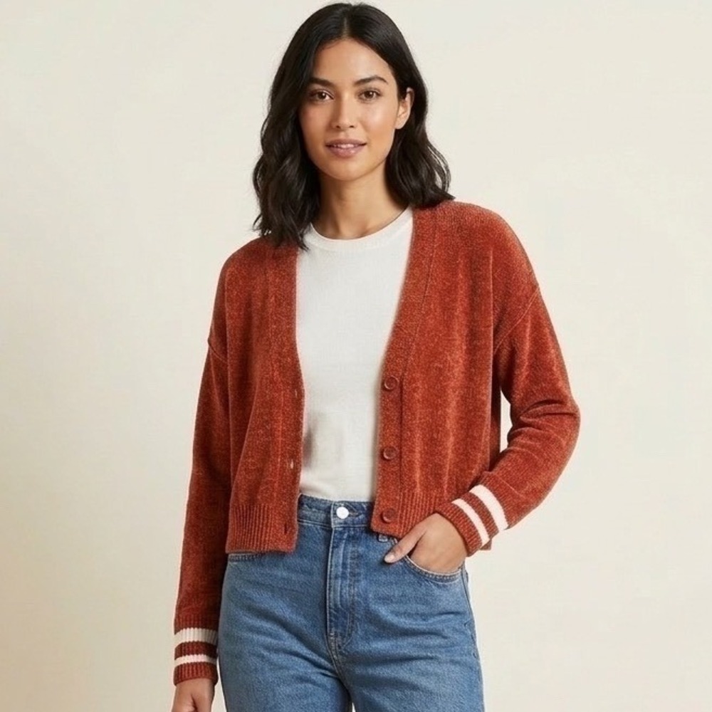 Stitches & Stripes Rust Chenille Varsity Stripe Cardigan Sweater Small NWT